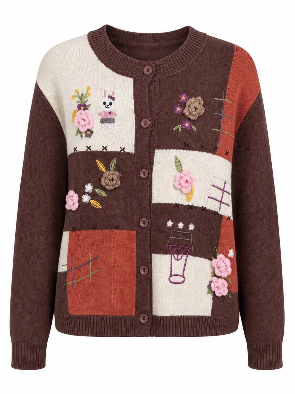 Embroidered Patchwork Button-Up Cardigan - Cream/Grey/Rust - Picture 2 of 2